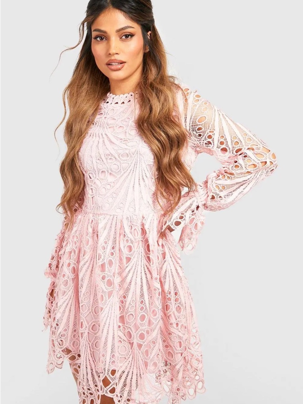Boohoo Pink Lace Long-Sleeve Mini Dress